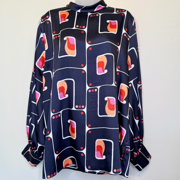 Zara | Retro Geo High Collar Mock Neck Long Sleeve Printed Charmeuse Blouse - Picture 5 of 16